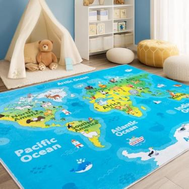 Imagem de OHDS Kids Playroom Rug, 5x7ft World Map Play Mat with Cute Animals, Washable Durable Soft Carpet Kid Educational Rugs for Boys Girls Bedroom Nursery Classroom