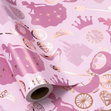 Imagem de RUSPEPA Rolo de papel de embrulho de princesa, mini rolo, conto de fadas rosa com carruagem, castelo, coroa, chinelo de vidro e design de varinha mágica, embrulho de presente de folha dourada para