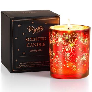 Imagem de Viyffo Vela perfumada de LED de 340 g - lavanda e eucalipto, vela de soja não tóxica em frasco colorido festivo ideal para decoração de casa de férias de inverno e presentes sazonais doces