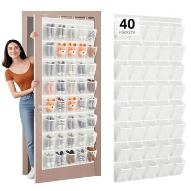 Imagem de Hualleko Organizador de sapatos com 40 bolsos sobre a porta – Suporte grande de malha para pendurar, suporte de armazenamento de sapatos, tecido não tecido resistente – Armazena 20 pares (branco02)