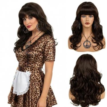 Imagem de MEDISIFA Peruca preta longa encaracolada colmeia peruca vintage com franja para mulheres, fantasia cosplay, vestido extravagante, 60 anos 70, perucas retrô (marrom naturak)