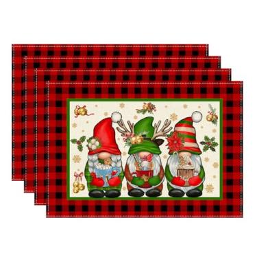 Imagem de XCHI Jogo americano xadrez de gnomo vermelho buffalo, Natal, Natal, Natal, Natal, conjunto de 4 tapetes de mesa para festa, casa, cozinha, decoração de mesa de jantar, 30 x 45 cm