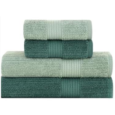 Imagem de Jogo de Toalhas de Banho Fio Penteado Canelado 4 Peças 100% Algodão Alta Absorção Banho e Rosto (Verde claro/verde escuro)