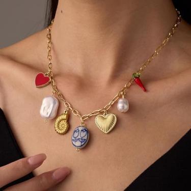 Imagem de Colar com pingente de ouro com pingente de cereja e coração vermelho, joias de praia, presentes para ela, delicada, corrente feminina, Medium, Latão, Sem Pedra Preciosa