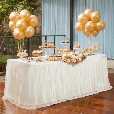 Imagem de Wish Care Toalha de mesa de tule champanhe leve para mesas retangulares de 2,4 m sem vincos, saia tutu elástica com babados para decoração de mesa de casamento, festa de aniversário, banquete, bolo