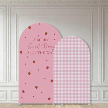 Imagem de Conjunto de capas de fundo de arco de bebê A Berry Sweet, decoração de festa de aniversário de chá de bebê de morango rosa para meninas, fundo de foto xadrez guingão (2 peças, apenas tecido) (2 pés