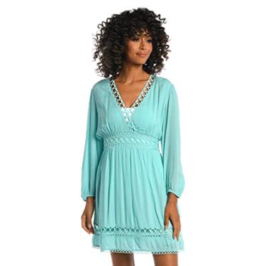 Imagem de La Blanca Saída de praia feminina de manga comprida padrão, Azul gelo/Capas ilusão, GG