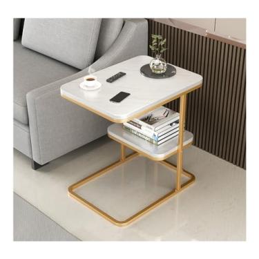 Imagem de Mesas de centro quadradas, mesa de destaque, sofá, mesa, mesa de chá, 2 camadas com prateleira de armazenamento aberta para sala de estar, mesa de móveis com moldura de metal (cor: branco 1) (branco 1