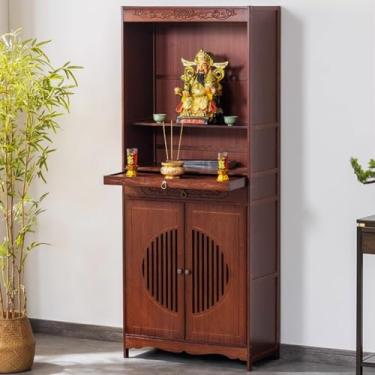 Imagem de Mesa de altar de Buda de bambu - Armário de meditação de santuário pequeno com armazenamento para ofertas domésticas, design de nicho chinês (68 x 33 x 170 cm / 26,7" x 12,9" x 66,9")