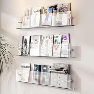 Imagem de Porta-revistas de acrílico montado na parede – Suporte de folheto transparente e prateleira de livros para escritório, sala de estar, sala de espera – 3 opções de cores para armazenamento elegante de