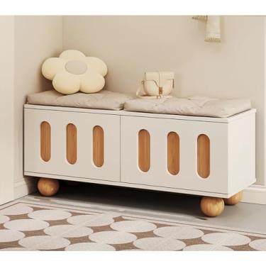 Imagem de Banco de armazenamento de sapatos com assento almofadado, banco de sapateira com 2 portas, armário de sapatos com banco, organizador de armário de sapatos oculto com armazenamento para hall de entrada