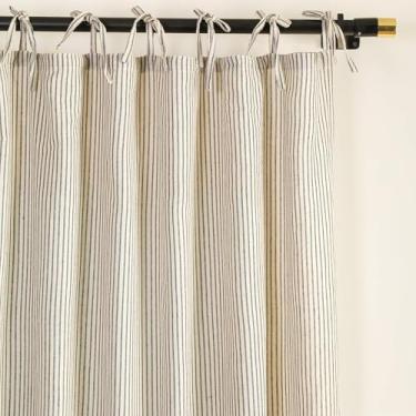 Imagem de Cortinas listradas de gaze, cortinas suspensas de gaze de linho Boho com filtro de luz, tratamento de janela de porta com filtro de luz, cortinas de cortina de 2 painéis para sala de estar, decoração de casa, preto em bege (243,8 cm x 106,6 cm cada painel)