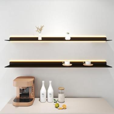 Imagem de Prateleiras de parede flutuantes versáteis com luzes LED, borda de metal longa para armazenamento de decoração de parede, 1 estante de parede para quarto, banheiro, sala de estar, cozinha, 120 cm