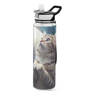 Imagem de Burbuja Garrafa de água Space Cat de 940 ml com tampa de palha, à prova de vazamento e livre de BPA para academia, esportes ao ar livre