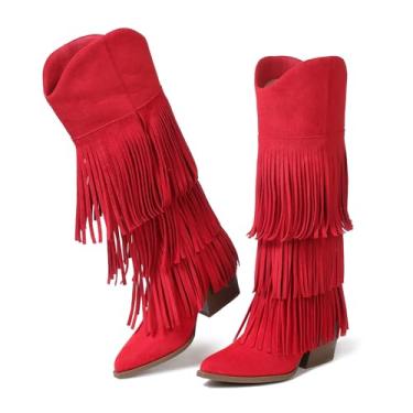 Imagem de Grakihily Botas femininas estilo caubói retrô bico fino sem cadarço salto grosso franja country concerto roupas até o joelho camurça ocidental e couro sintético botas caubói, C20/vermelho, 38