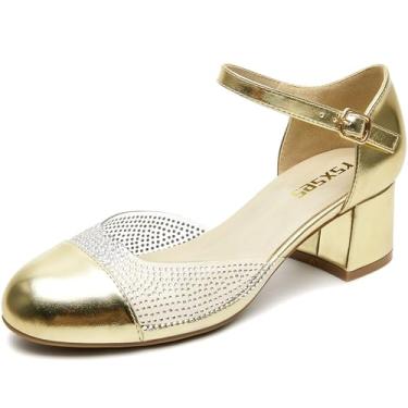 Imagem de rsxses Sapato social feminino de salto baixo fechado de 5 cm salto grosso tira no tornozelo couro envernizado strass casamento trabalho festa sapatos, Dourado, 36