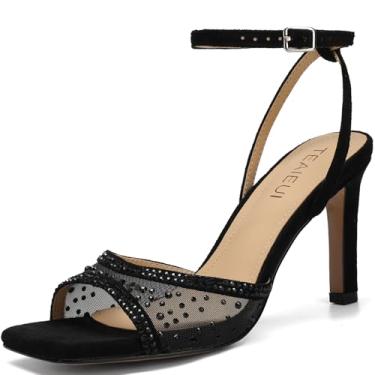 Imagem de TEAIEUI Sandálias de salto alto femininas com strass 7,5 cm | Bico quadrado aberto, conforto, tira no tornozelo, para formatura, sapatos sociais, festa, casamento, uso diário, Preto, 36