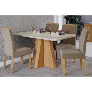 Imagem de Conjunto: Mesa Sala Jantar Maitê Tampo Madeirado c/ Vidro 130x80cm e 4 Cadeiras Fernanda Nature/Off White - Carvalho/Suede Joli Capuccino Cimol