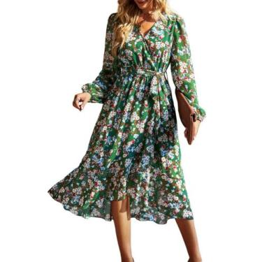 Imagem de Vestido PRETTYGARDEN Floral Boho Envelope Decote V Babados Maxi G