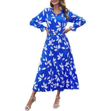 Imagem de Vestido PRETTYGARDEN Boho Azul com Folhas Manga Longa Midi