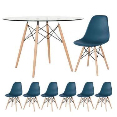 Imagem de Mesa redonda Eames com tampo de vidro 120 cm + 6 cadeiras Eiffel DSW -