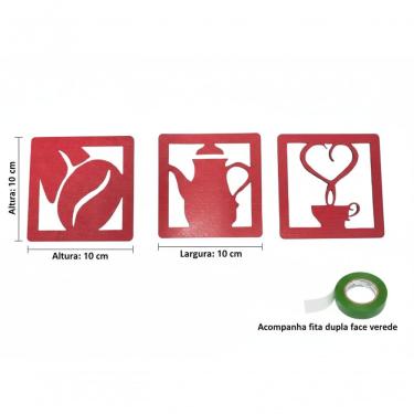 Imagem de Kit 3 Placas Decorativas Cantinho do Café Grão Bule Xícara 10x10CM em MDF Fita Dupla Face Vermelho