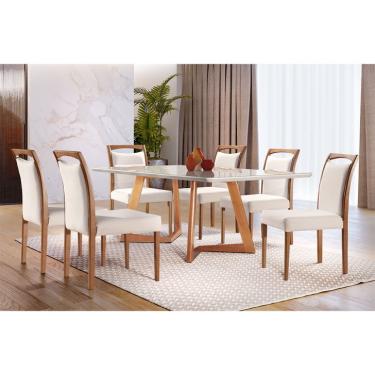 Imagem de Conjunto de Mesa de Jantar com Tampo de Vidro e 6 Cadeiras Esparta Linho Off White e Imbuia