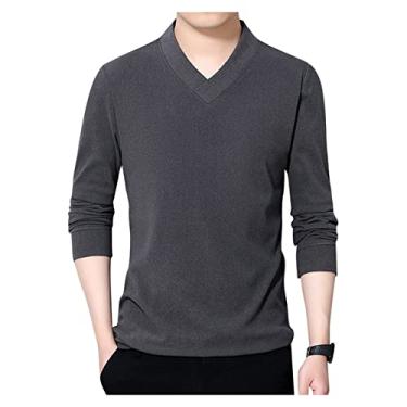 Imagem de UNeedVog Camiseta masculina casual manga longa gola V pulôver cor sólida fleece camiseta masculina, Cinza, 3X-Large