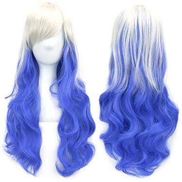 Imagem de IMISSU Peruca longa de cabelo natural cosplay com franja colorida fantasia de Halloween perucas de festa para mulheres (Branco azul)