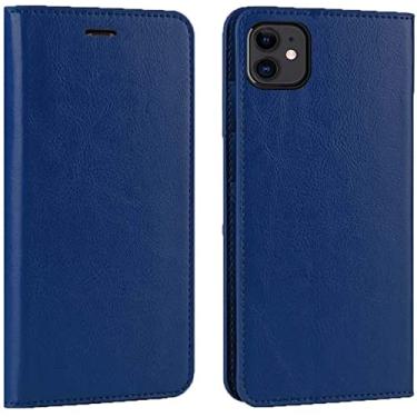 Imagem de KKFAUS Capa de telefone flip de couro genuíno, carteira de capa de telefone respirável à prova de choque com 3 slots de cartão para Apple iPhone 12 (2020) 6,1 polegadas (cor: azul)