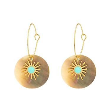 Imagem de Brincos de pérola de girassol e concha do mar para mulheres turquesa artificial de aço inoxidável, brincos de declaração geométrico dourado para meninas, banhado a ouro 14 K, design