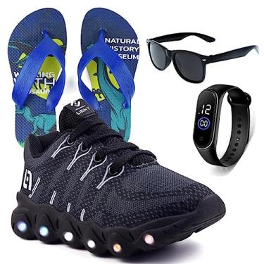 Imagem de Tenis Infantil De Led Meninos Calce Facil Desenhos Luzinha LIGHT + Chinelo Oculos Relogio Cor:Preto;Tamanho:29