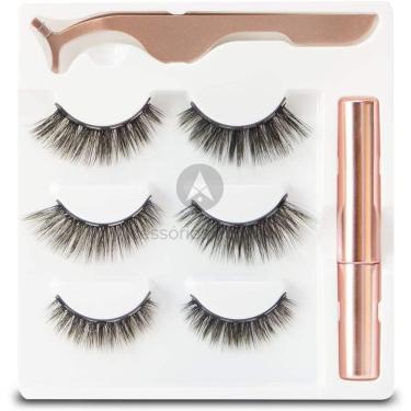 Imagem de Kit 3 Pares Cílios Postiços Magnéticos Com Pinça E Delineador Magnetico