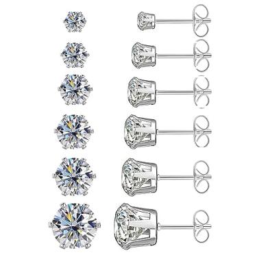 Imagem de Conjunto de 6 pares de brincos de zircônia cúbica de aço cirúrgico hipoalergênico 316L de aço inoxidável para mulheres e homens, contém 3,4,5,6,7,8 mm, adjustable, Aço cirúrgico, Zircônia cúbica