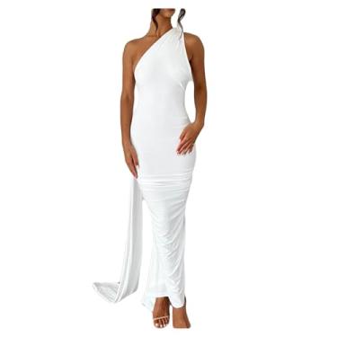 Imagem de Bestgift Vestido frente única plissado fino cor sólida sem mangas vestidos de um ombro, Branco, P