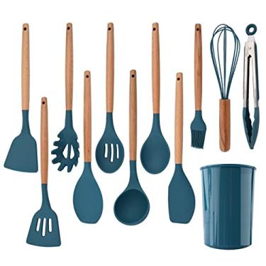 Imagem de Conjunto de utensílios de cozinha com cabo de madeira conjunto de utensílios de cozinha de silicone espátula antiaderente conjunto de batedores de ovos 12 peças azul