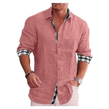 Imagem de Camisa masculina de manga comprida casual de lapela xadrez algodão linho camisa de praia camisa de botão, Rosa, XG