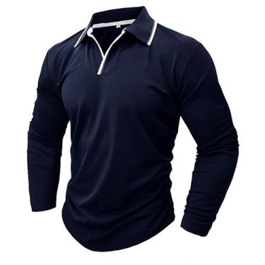 Imagem de Camiseta polo outono e inverno nova gola V cor sólida camisa polo para homens comércio exterior manga longa, Azul royal, GG