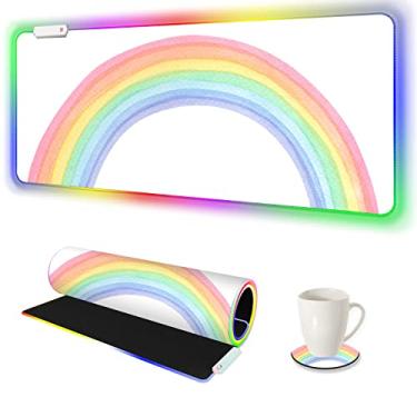 Imagem de AIMSA Mouse pad grande RGB para jogos, teclado mousepad led estendido 35,6 x 15,7 polegadas, base de borracha antiderrapante com 14 modos de iluminação, tapete de mesa grande à prova d'água, arco-íris branco