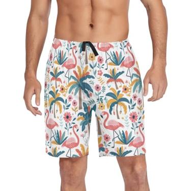 Imagem de CHIFIGNO Shorts de pijama masculinos, shorts para dormir, calça de pijama macia com bolsos e cordão, Árvores tropicais flamingos rosa, M