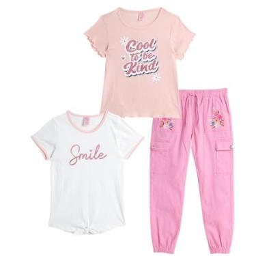 Imagem de Real Love Conjunto de calças para meninas – Camiseta fofa de 3 peças e calça cargo cargo bordada – Roupa moderna de primavera para meninas (7-16), Flores rosa, 7