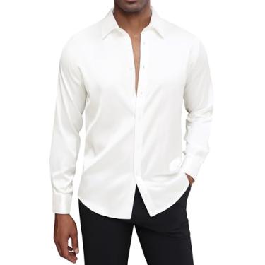 Imagem de J.VER Camisa social masculina de cetim de seda manga longa brilhante casual com botões camisas de festa de formatura de luxo, Branco, 3G
