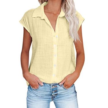Imagem de Camiseta feminina de verão de linho, manga cavada, blusa de cor sólida, caimento solto, gola V, abotoada, túnica, Bege, M