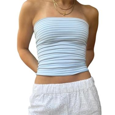 Imagem de AKLOPVII Top feminino Y2K listrado costas nuas crop regata bandeau tomara que saia camisetas verão roupas espartilho, Azul, branco, G