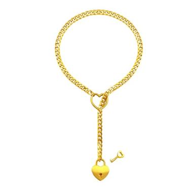 Imagem de rgwtgkyh Colar de corrente de coração feminino O-Ring Punk Cubano Colar com pingente de coração grosso Y-Lariat Colar longo com cadeado de coração com chave, joias modernas, presentes, Cobre, Sem