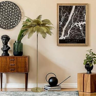 Imagem de Luminária de chão de penas de avestruz natural Candeeiro de chão de penas douradas para decoração de sala de estar Candeeiro de chão com abajur de penas Lâmpada de pé regulável para quarto, estudo,