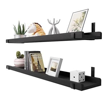 Imagem de Prateleiras flutuantes de madeira natural de pinho com lábio, prateleiras flutuantes de madeira recuperada de 91 cm de comprimento para armazenamento na parede, conjunto de 2 prateleiras flutuantes de madeira em forma de U DIY para sala de estar, quarto, cozinha, preto.