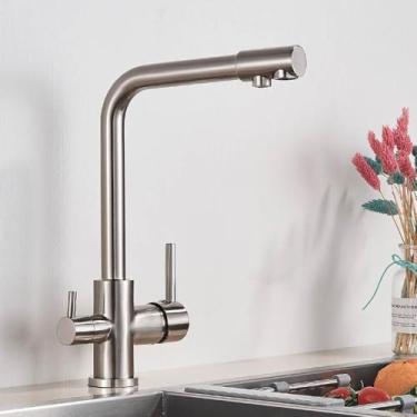 Imagem de Torneira de cozinha com 3 vias, furo único, 2 alças, misturador de água quente e fria, filtro de água pura, níquel escovado