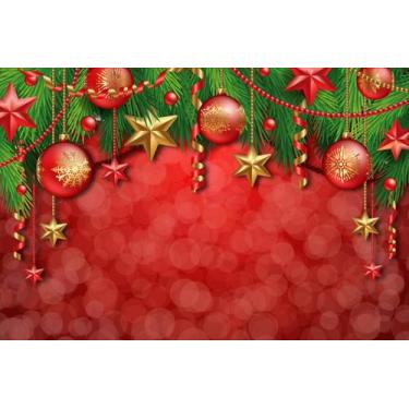 Imagem de Painel De Lona Natal Bolas e Estrelas Natalinas Fundo Vermelho - 300x2