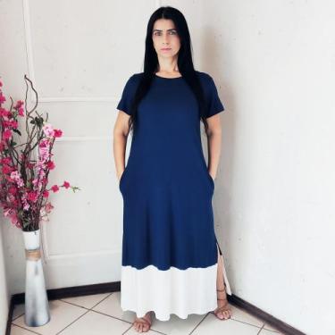 Imagem de Vestido Longo Plus Size Malha Manga Curta Viscolycra Duas Cores com Bo